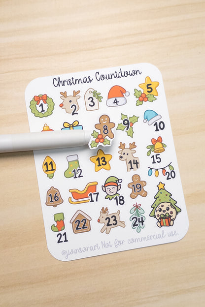 Christmas Countdown Sticker Sheet | 1–24 Advent Calendar Stickers | Kawaii Holiday Planner Stickers | Cute December Date Covers | Cookie Character Christmas Stickers