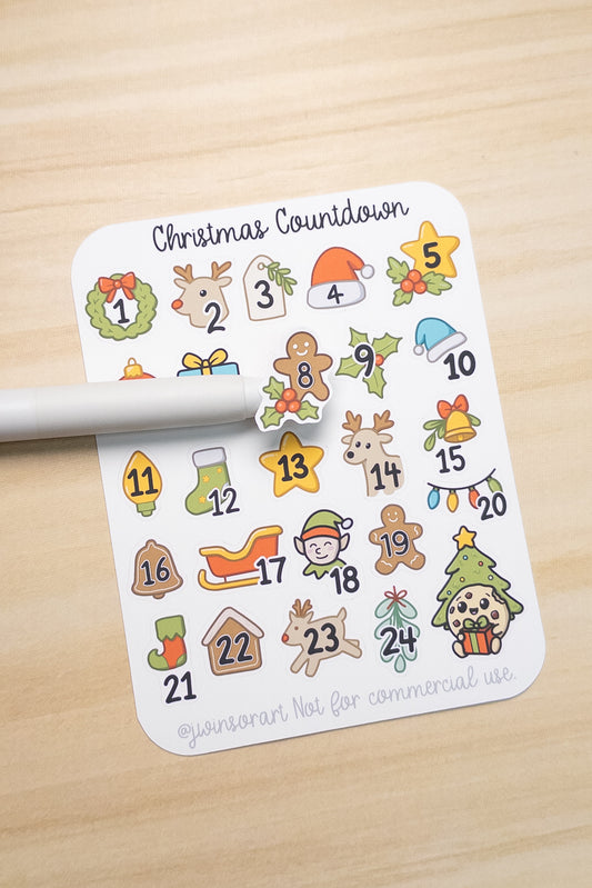 Christmas Countdown Sticker Sheet | 1–24 Advent Calendar Stickers | Kawaii Holiday Planner Stickers | Cute December Date Covers | Cookie Character Christmas Stickers