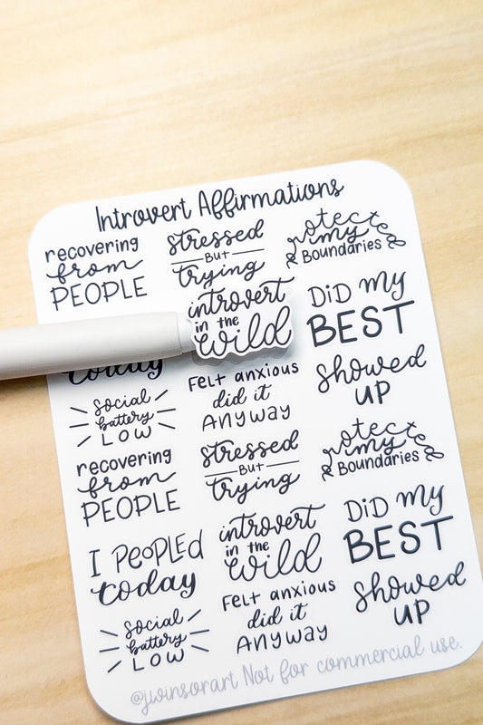 Introvert Affirmations Stickers – Hand Lettered Mental Health Quotes for Planner, Hobonichi, Bullet Journal, Anxiety Relief, Self-Care Script