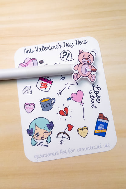 Anti-Valentine's Day Deco Planner Sticker Sheet Chocolate Candy Breakup Singles Awareness Heartbreak Cute Kawaii Cupid