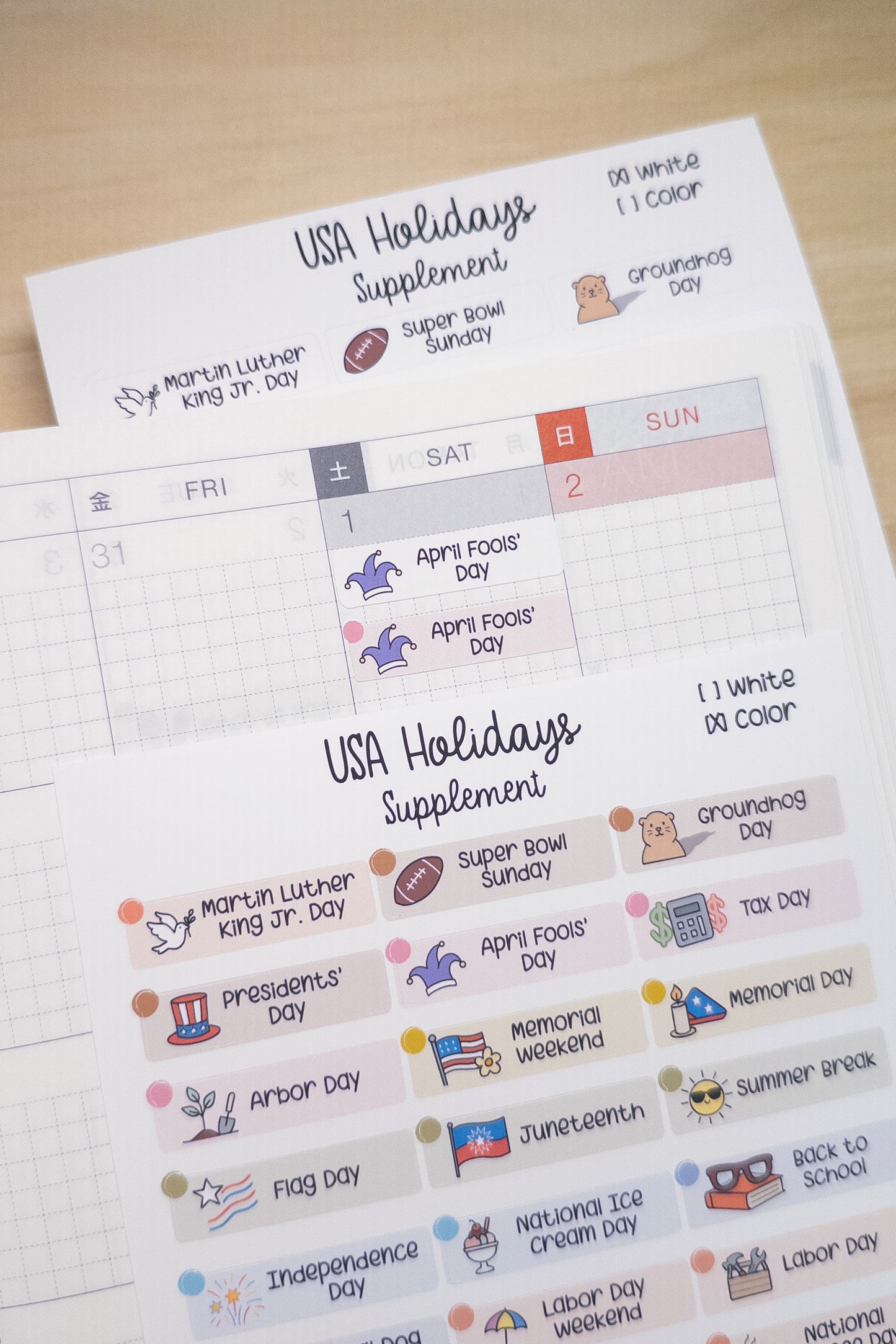 USA Holidays Supplement – Planner Sticker Sheet for Hobonichi, Bullet Journal, or Scrapbooking (White or Color Background)