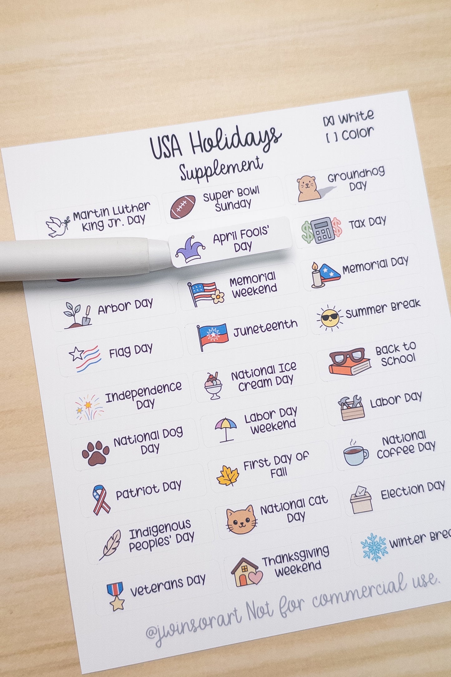 USA Holidays Supplement – Planner Sticker Sheet for Hobonichi, Bullet Journal, or Scrapbooking (White or Color Background)