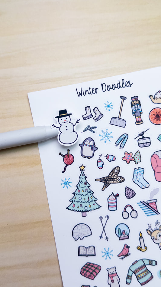 Winter Doodles Deco Planner Sticker Sheet Snow Penguin Deer Igloo Blanket Tree Nutcracker Tea Cozy Mittens Cardinal Ice Bujo Cute Kawaii