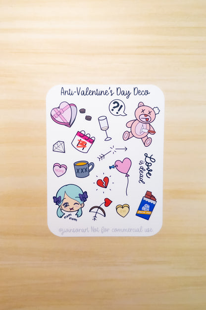 Anti-Valentine's Day Deco Planner Sticker Sheet Chocolate Candy Breakup Singles Awareness Heartbreak Cute Kawaii Cupid