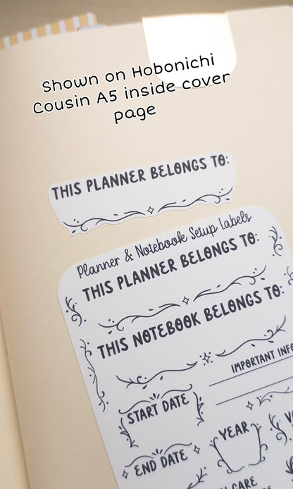 Planner & Notebook Setup Labels – Interior Cover Stickers for Belongs To, Start/End Dates, Year, Volume Tracking, and More