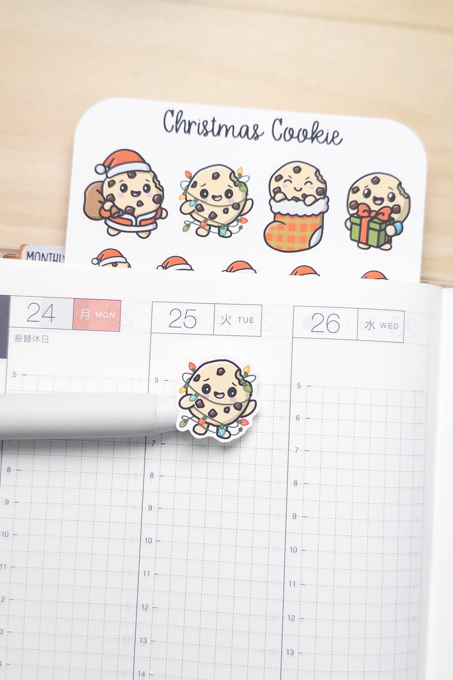 Christmas Cookie Stickers – Cute Holiday Planner Stickers, Kawaii Cookie Character, Santa, Gift, Stocking, Lights – Hobonichi, Journal, Scrapbook