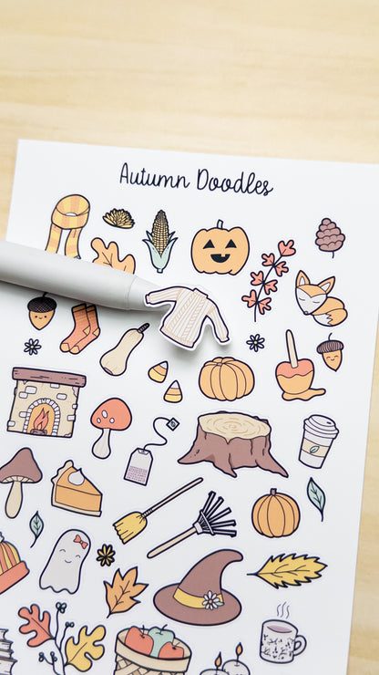 Autumn Doodles Deco Planner Sticker Sheet Fall Pumpkin Leaves Corn Apples Mushroom Bujo Cute Kawaii