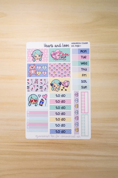 Hearts and Love Cousin Kit Angie Hobo Planner Kit Sticker Sheet Valentines Day Hobonichi Bujo Cute Kawaii Chibi Girl