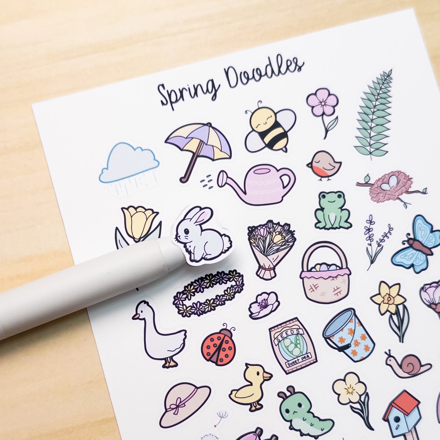 Spring Doodles Deco Planner Sticker Sheet Flower Duck Rainbow Frog Bird Bunny Basket Clover Birdhouse Kite Cherry Blossom Bumble Bee Bujo Cute Kawaii