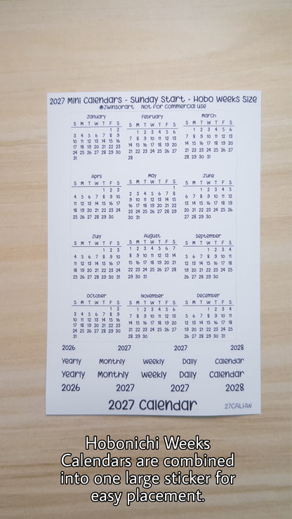 2027 Mini Calendars Hobonichi A5 A6 Weeks Sizes Sunday Start Planner Sticker Sheet Bujo Jan Feb Mar Apr May Jun Jul Aug Sept Oct Nov Dec