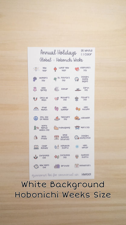 Global Holidays Sticker Sheet – Hobonichi Cousin A5 or Weeks – Annual Celebrations & Birthdays – White or Color Background
