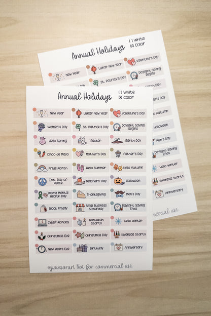 Global Holidays Sticker Sheet – Hobonichi Cousin A5 – Annual Celebrations & Birthdays – White or Color Background