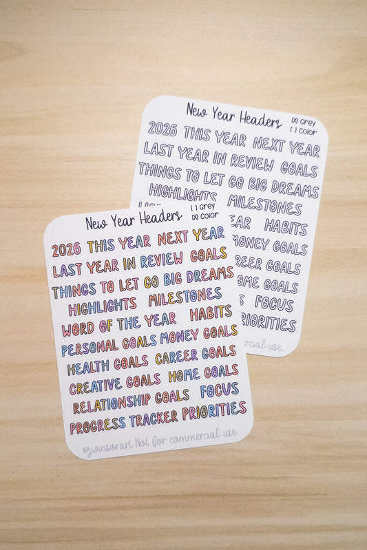 New Year Headers  | 2026 Planner Stickers | Goal Setting & Yearly Reflection | Hobonichi Compatible | Neutral & Color Versions