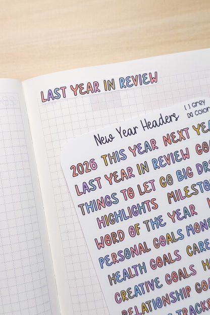 New Year Headers  | 2026 Planner Stickers | Goal Setting & Yearly Reflection | Hobonichi Compatible | Neutral & Color Versions