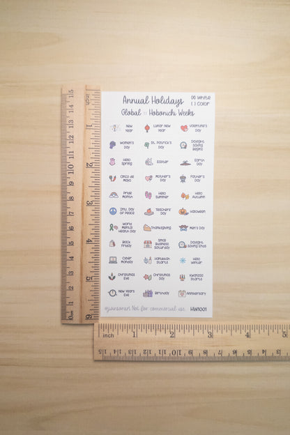 Global Holidays Sticker Sheet – Hobonichi Cousin A5 or Weeks – Annual Celebrations & Birthdays – White or Color Background