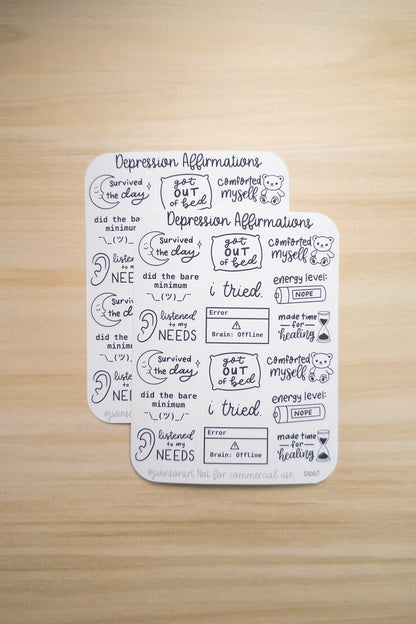 Depression Affirmations Sticker Sheet – Gentle Mental Health Planner Stickers | Black and White Lettering