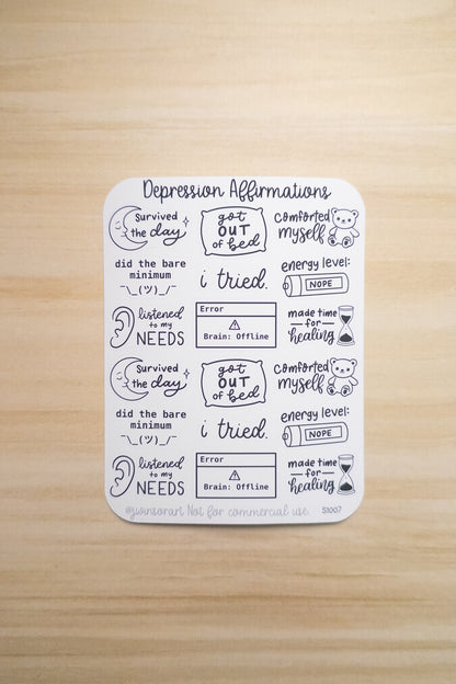 Depression Affirmations Sticker Sheet – Gentle Mental Health Planner Stickers | Black and White Lettering