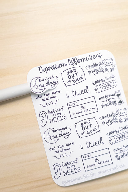 Depression Affirmations Sticker Sheet – Gentle Mental Health Planner Stickers | Black and White Lettering
