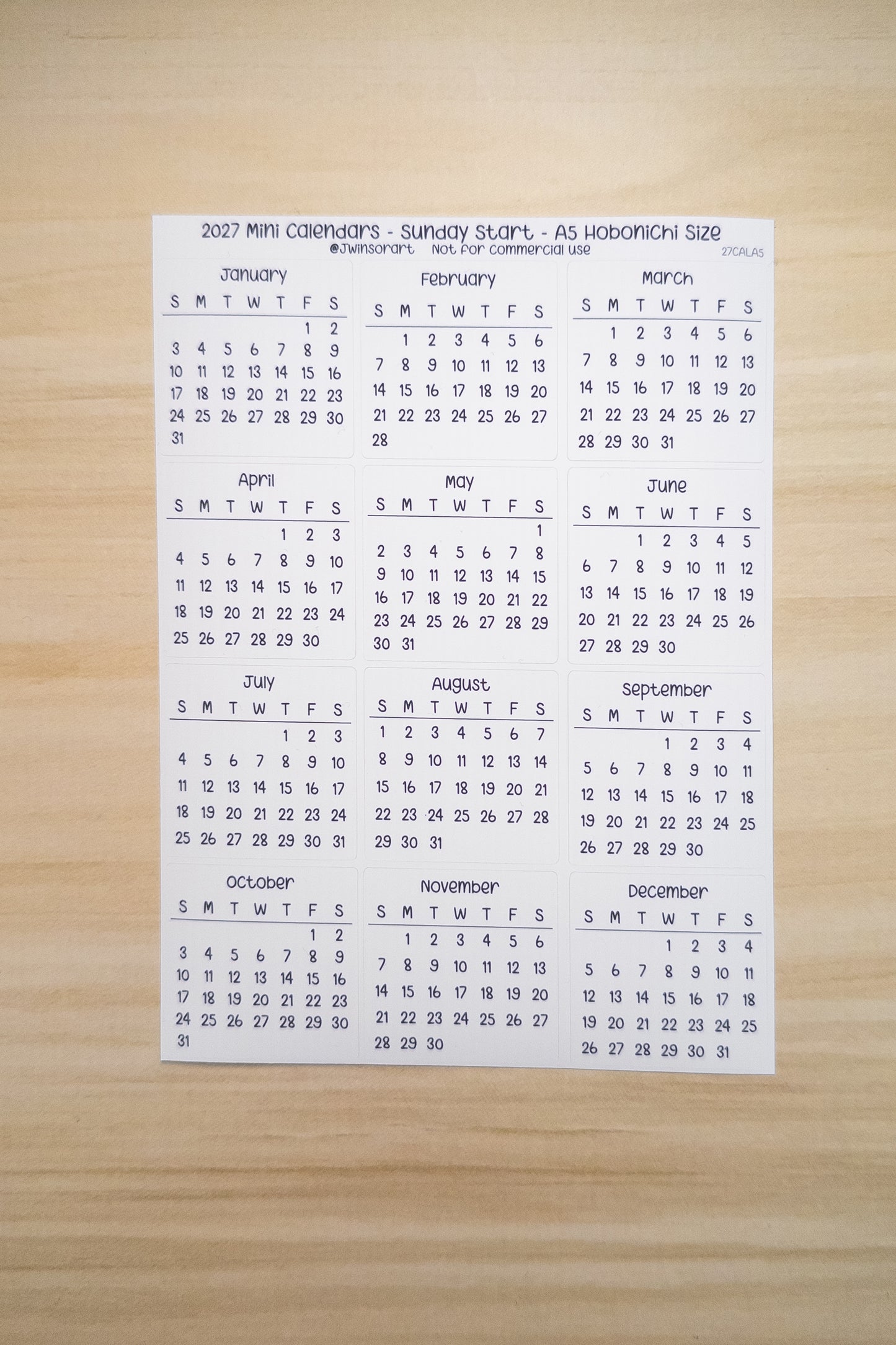 2027 Mini Calendars Hobonichi A5 A6 Weeks Sizes Sunday Start Planner Sticker Sheet Bujo Jan Feb Mar Apr May Jun Jul Aug Sept Oct Nov Dec
