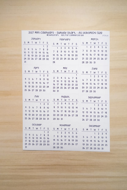 2027 Mini Calendars Hobonichi A5 A6 Weeks Sizes Sunday Start Planner Sticker Sheet Bujo Jan Feb Mar Apr May Jun Jul Aug Sept Oct Nov Dec