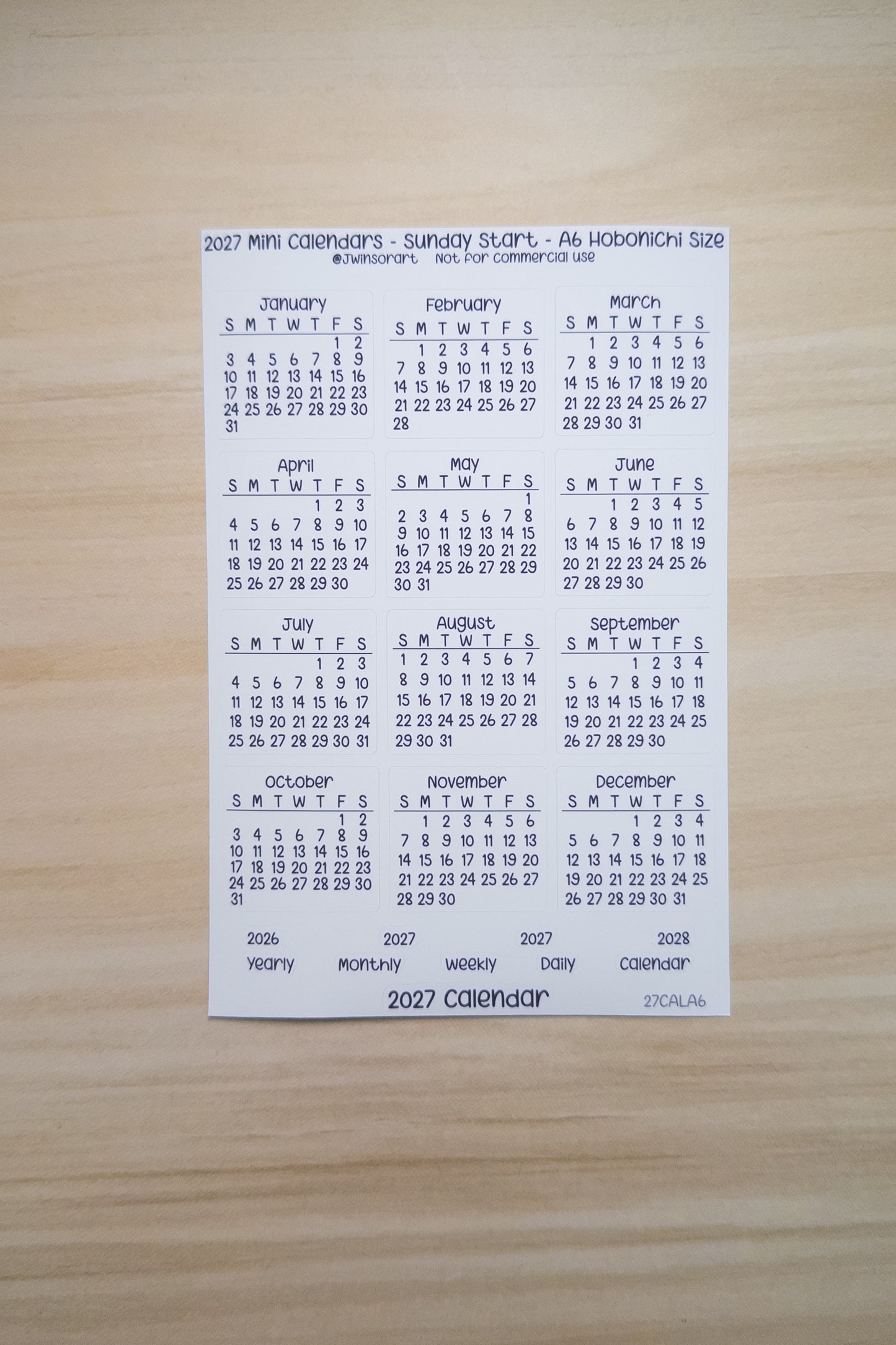 2027 Mini Calendars Hobonichi A5 A6 Weeks Sizes Sunday Start Planner Sticker Sheet Bujo Jan Feb Mar Apr May Jun Jul Aug Sept Oct Nov Dec