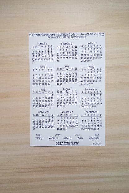 2027 Mini Calendars Hobonichi A5 A6 Weeks Sizes Sunday Start Planner Sticker Sheet Bujo Jan Feb Mar Apr May Jun Jul Aug Sept Oct Nov Dec