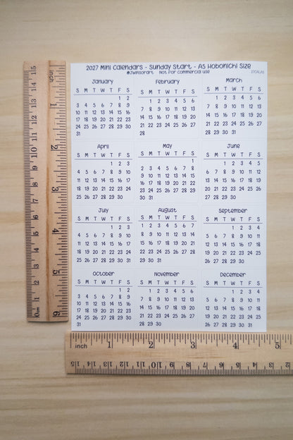 2027 Mini Calendars Hobonichi A5 A6 Weeks Sizes Sunday Start Planner Sticker Sheet Bujo Jan Feb Mar Apr May Jun Jul Aug Sept Oct Nov Dec