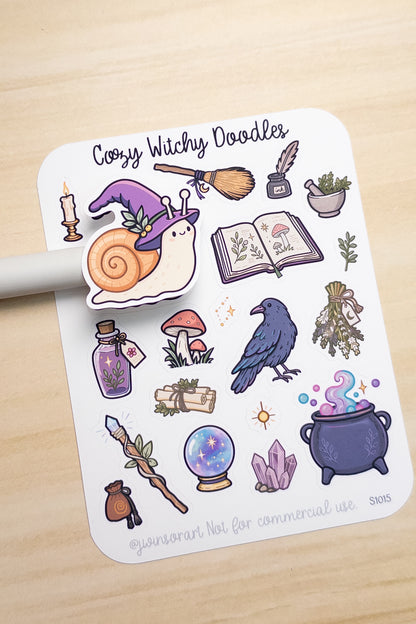 Cozy Witchy Doodles Sticker Sheet, Witch Stickers, Magical Planner, Potion Mushroom Raven Crystal Ball, Cute Fall Spooky Season