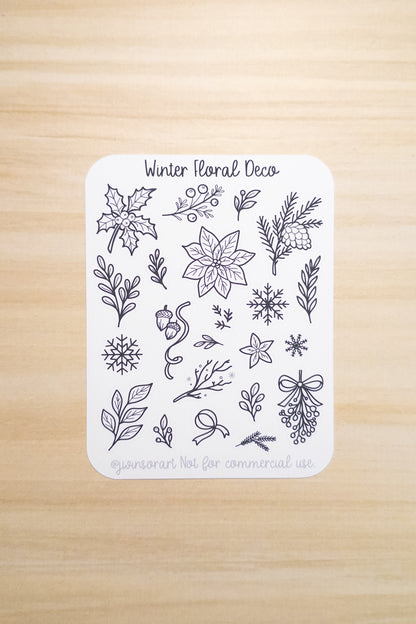 Winter Floral Deco Sticker Sheet – Minimal Line Art Winter Stickers for Planners & Journals – Holly, Poinsettia, Pine, Snowflake Designs