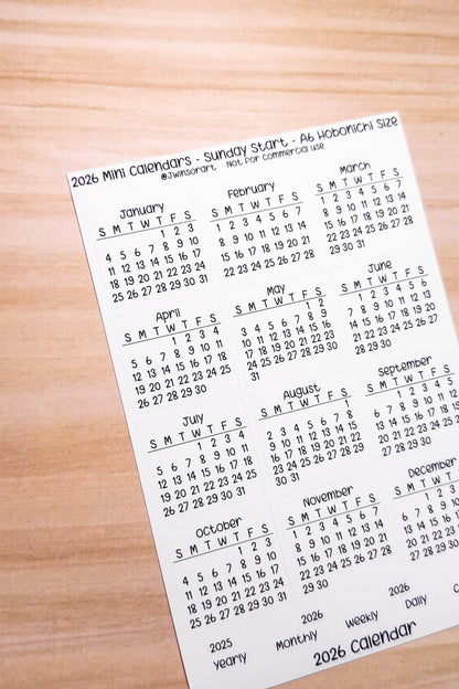 2026 Mini Calendars Hobonichi A5 A6 Weeks Sizes Sunday Start Planner Sticker Sheet Bujo Jan Feb Mar Apr May Jun Jul Aug Sept Oct Nov Dec