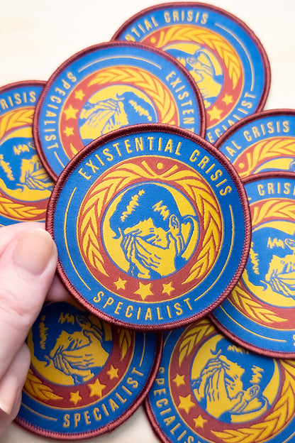 Existential Crisis Specialist Merit Badge – Embroidered Woven Iron-On Patch (3 in)