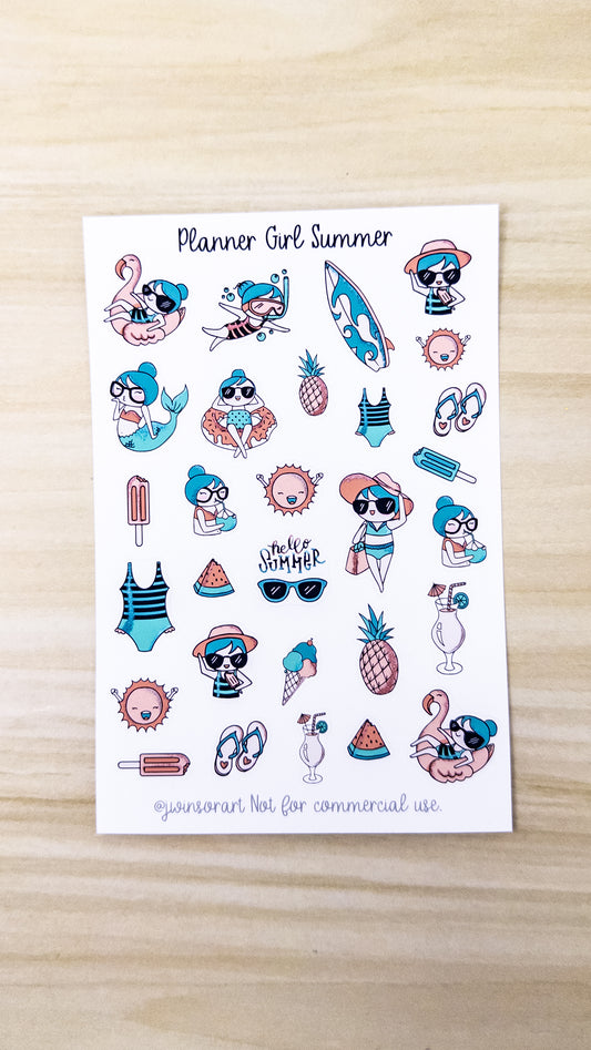 Planner Girl Summer Beach Swimming Sticker Sheet Bujo Cute Kawaii Line Art Teal Aqua Coral Orange