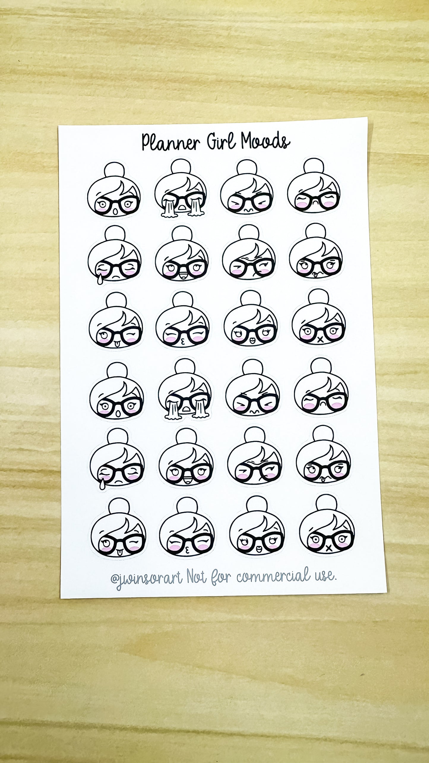 Planner Girl Mood Emoji Emoti Sticker Sheet Bujo Cute Kawaii Line Art Black and White Style