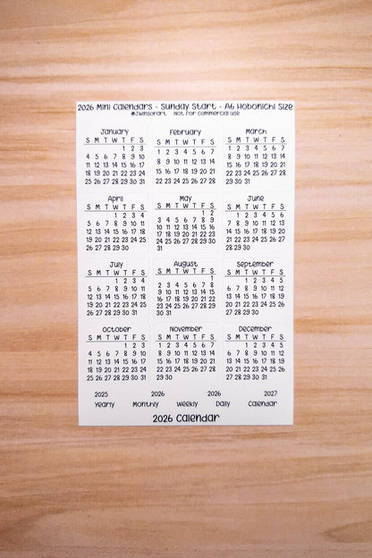 2026 Mini Calendars Hobonichi A5 A6 Weeks Sizes Sunday Start Planner Sticker Sheet Bujo Jan Feb Mar Apr May Jun Jul Aug Sept Oct Nov Dec