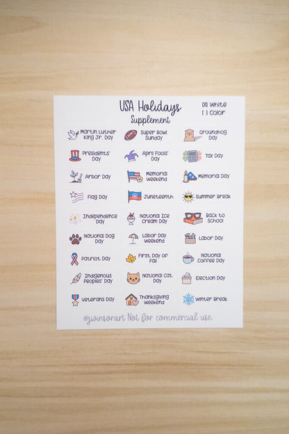USA Holidays Supplement – Planner Sticker Sheet for Hobonichi, Bullet Journal, or Scrapbooking (White or Color Background)
