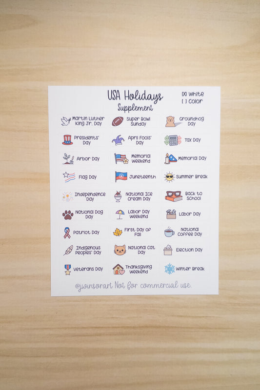 USA Holidays Supplement – Planner Sticker Sheet for Hobonichi, Bullet Journal, or Scrapbooking (White or Color Background)