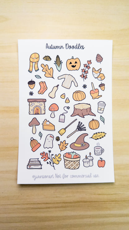 Autumn Doodles Deco Planner Sticker Sheet Fall Pumpkin Leaves Corn Apples Mushroom Bujo Cute Kawaii