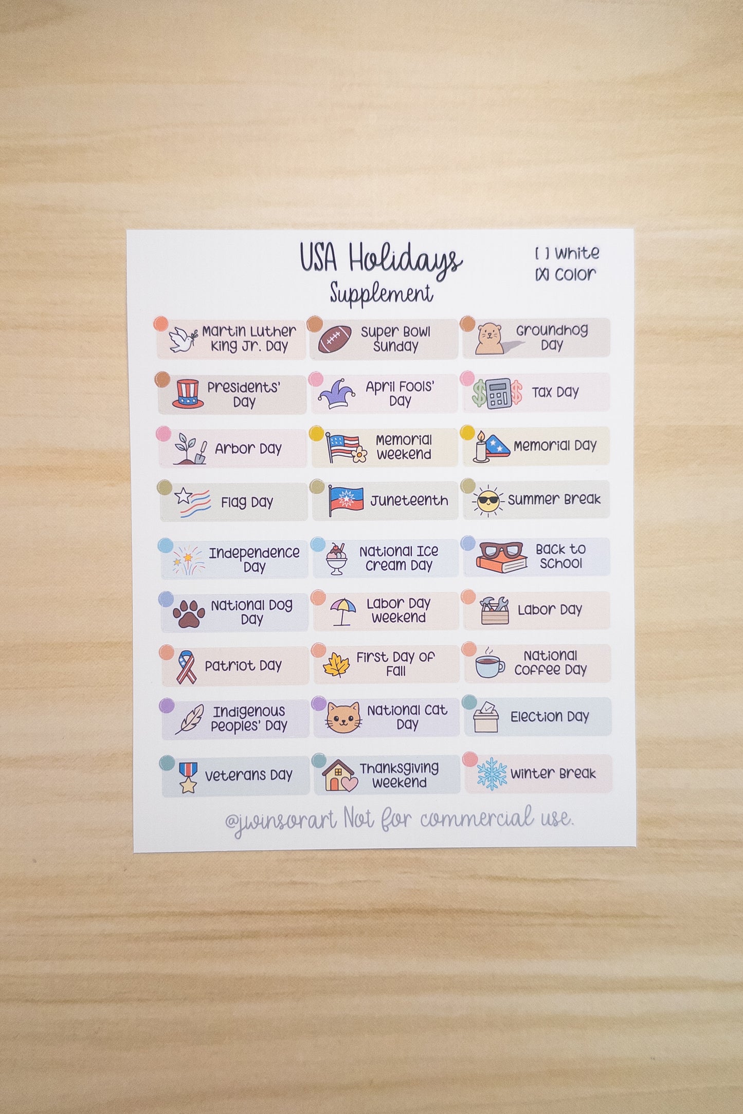 USA Holidays Supplement – Planner Sticker Sheet for Hobonichi, Bullet Journal, or Scrapbooking (White or Color Background)