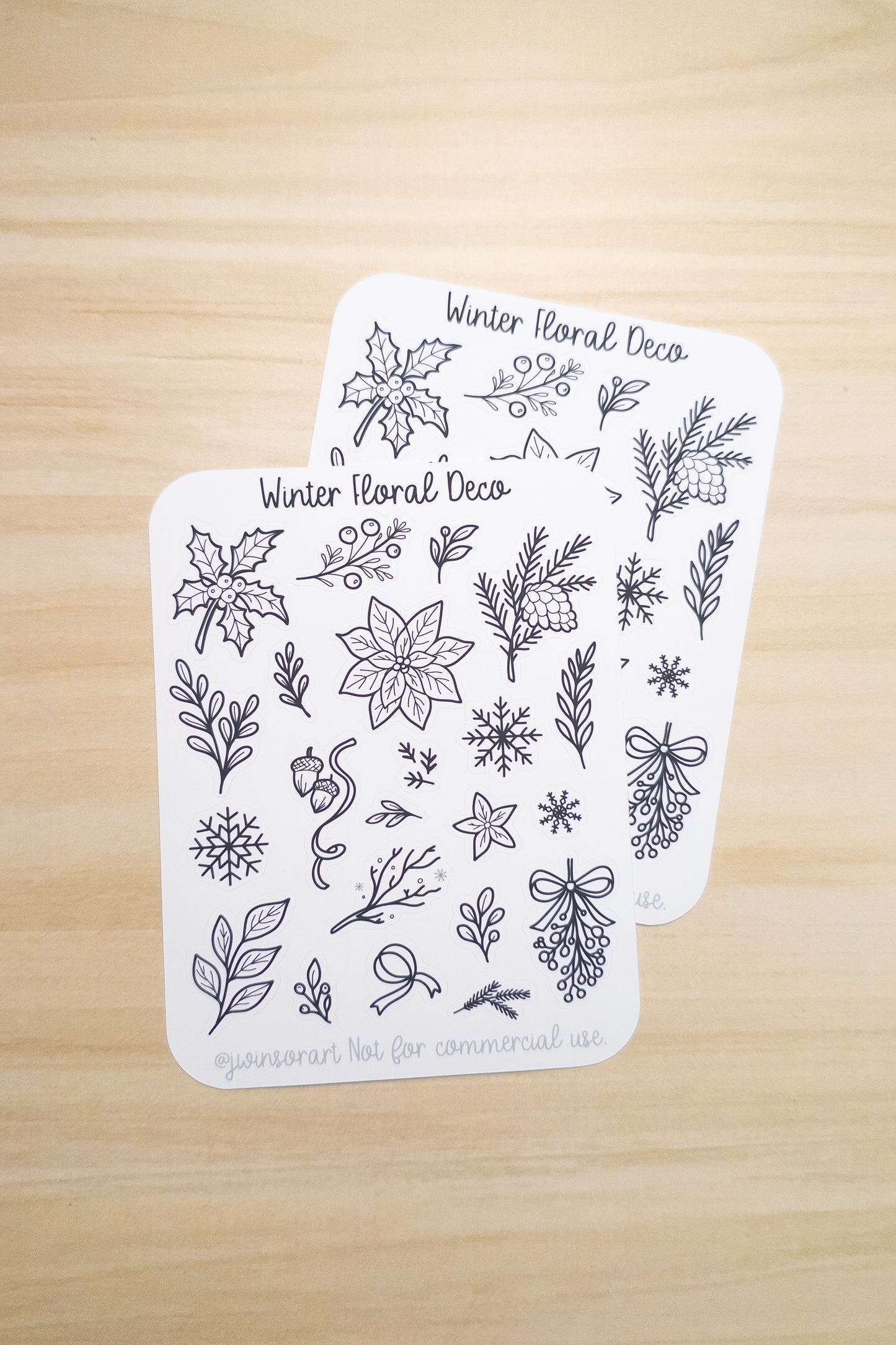 Winter Floral Deco Sticker Sheet – Minimal Line Art Winter Stickers for Planners & Journals – Holly, Poinsettia, Pine, Snowflake Designs