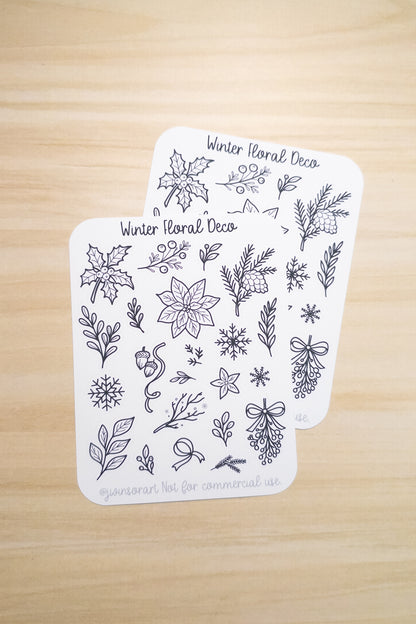 Winter Floral Deco Sticker Sheet – Minimal Line Art Winter Stickers for Planners & Journals – Holly, Poinsettia, Pine, Snowflake Designs