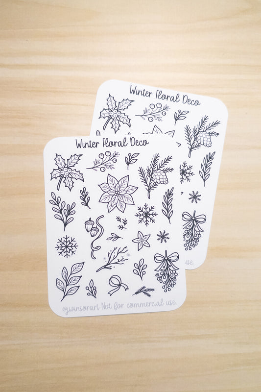 Winter Floral Deco Sticker Sheet – Minimal Line Art Winter Stickers for Planners & Journals – Holly, Poinsettia, Pine, Snowflake Designs