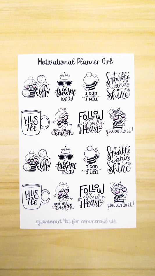 Motivational Planner Girl Sticker Sheet Bujo Cute Kawaii Line Art Black and White Style