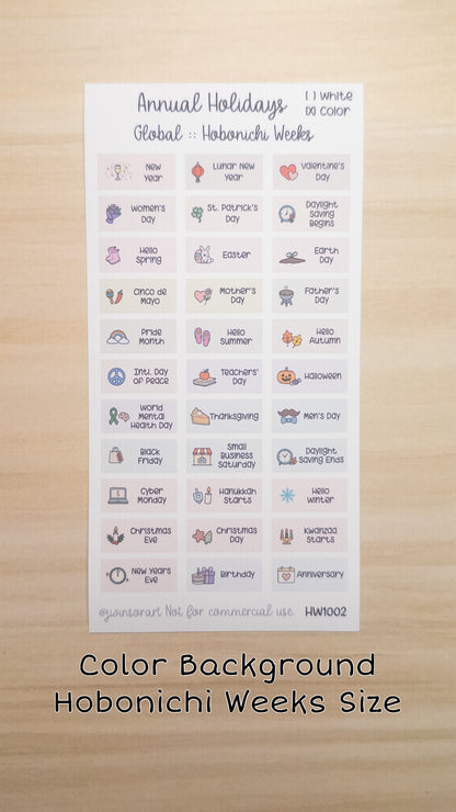Global Holidays Sticker Sheet – Hobonichi Cousin A5 or Weeks – Annual Celebrations & Birthdays – White or Color Background