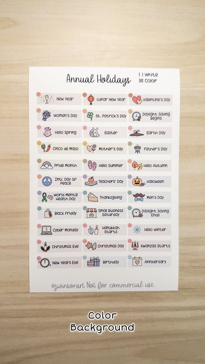 Global Holidays Sticker Sheet – Hobonichi Cousin A5 – Annual Celebrations & Birthdays – White or Color Background