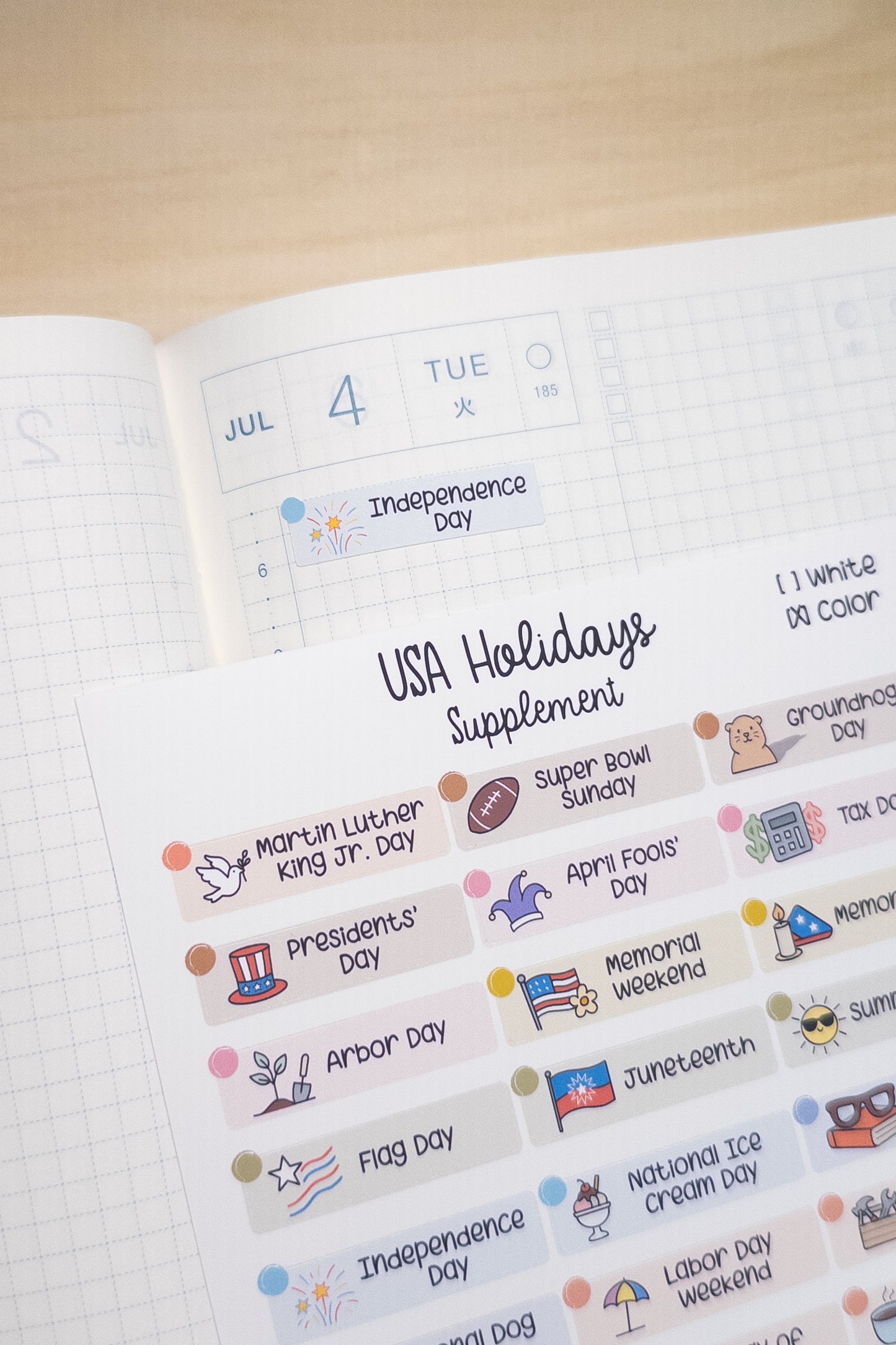 USA Holidays Supplement – Planner Sticker Sheet for Hobonichi, Bullet Journal, or Scrapbooking (White or Color Background)