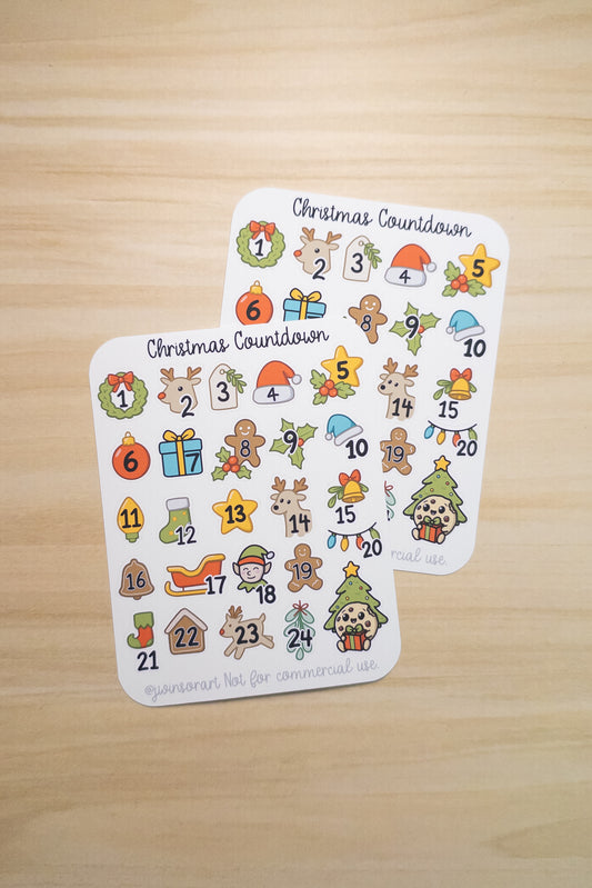 Christmas Countdown Sticker Sheet | 1–24 Advent Calendar Stickers | Kawaii Holiday Planner Stickers | Cute December Date Covers | Cookie Character Christmas Stickers