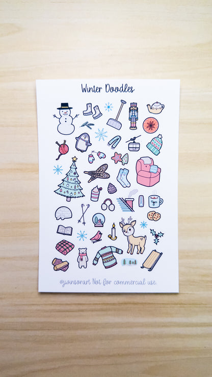 Winter Doodles Deco Planner Sticker Sheet Snow Penguin Deer Igloo Blanket Tree Nutcracker Tea Cozy Mittens Cardinal Ice Bujo Cute Kawaii