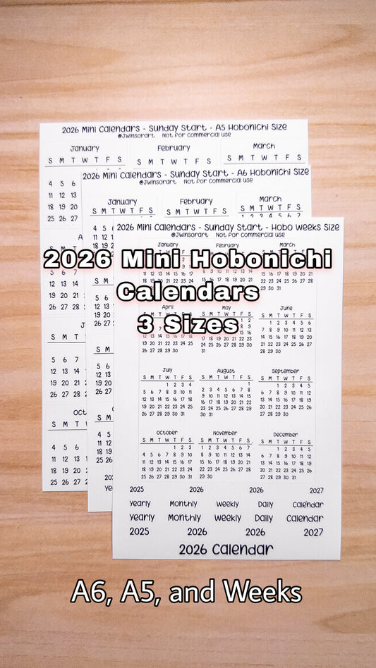 2026 Mini Calendars Hobonichi A5 A6 Weeks Sizes Sunday Start Planner Sticker Sheet Bujo Jan Feb Mar Apr May Jun Jul Aug Sept Oct Nov Dec