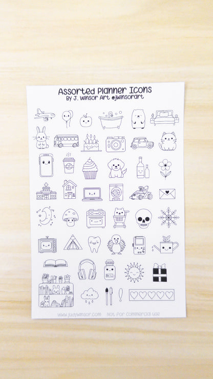 Assorted Planner Icons and Doodles Sticker Sheet Bujo Cute Kawaii Items Line Art Style Bullet Journal