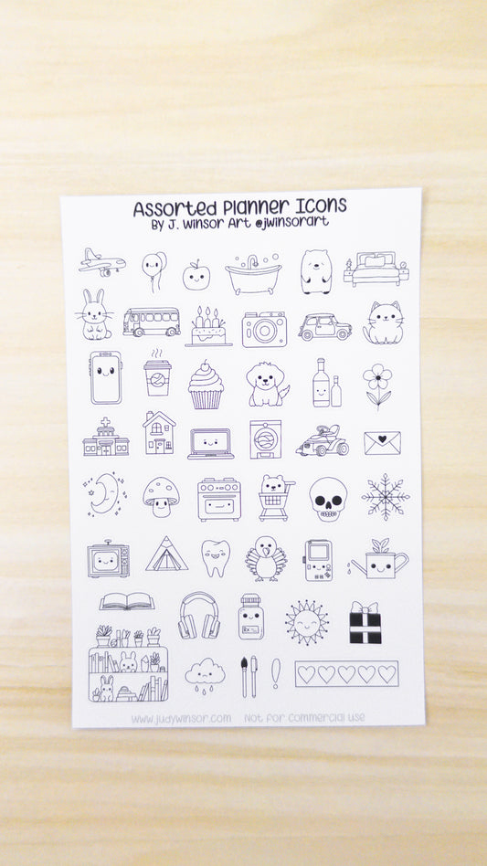 Assorted Planner Icons and Doodles Sticker Sheet Bujo Cute Kawaii Items Line Art Style Bullet Journal
